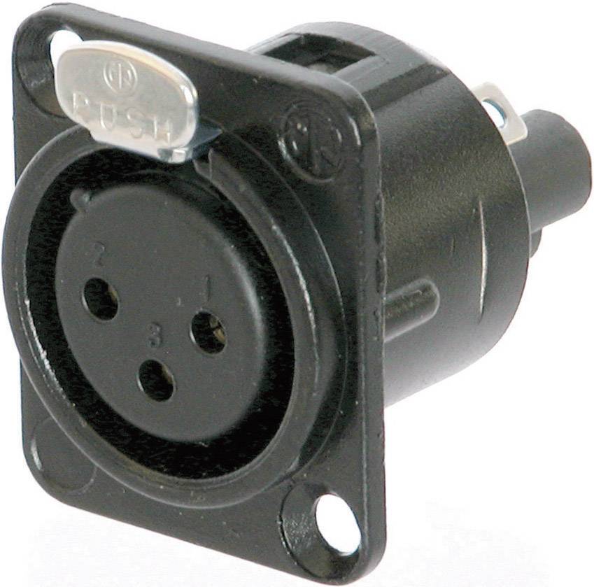 A black three-pin XLR panel-mount connector with PUSH printed on top, for use in audio equipment.