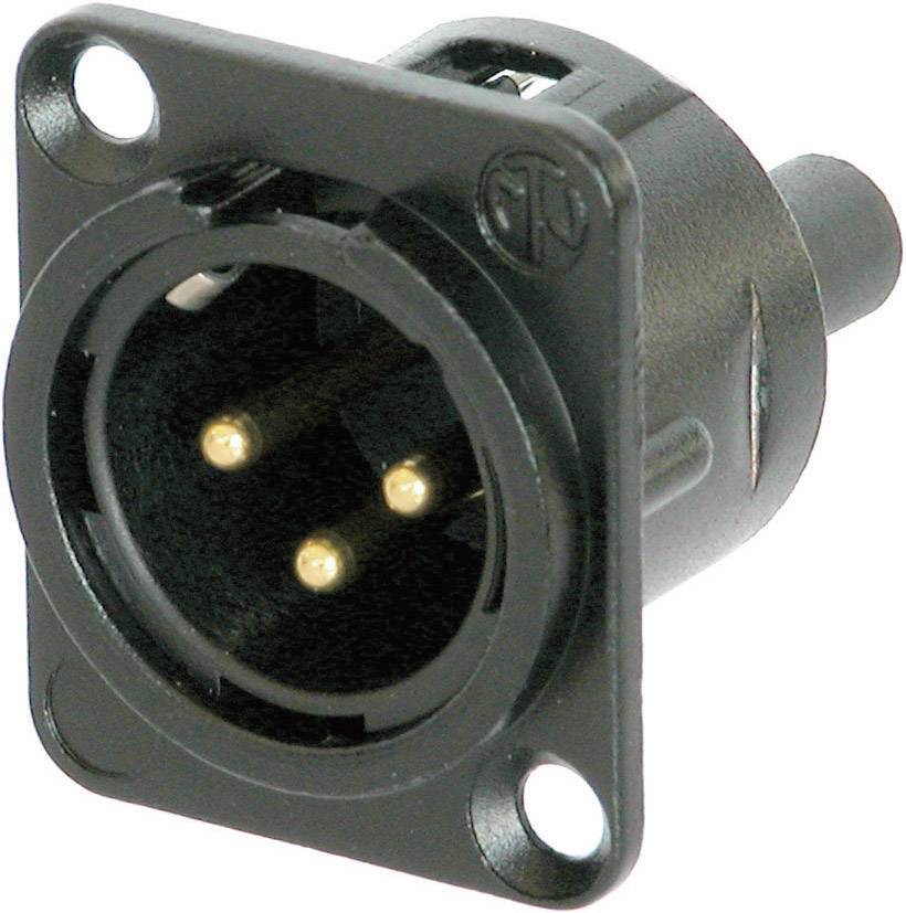 A black round XLR socket with three golden pins, mounted on a rectangular plate with two mounting holes.
