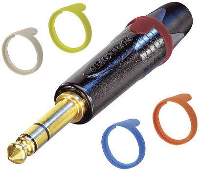 A black audio jack with a golden tip, surrounded by five coloured cable markers: yellow, orange, blue, red and beige.