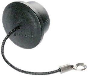 Plastic cap with strain relief loop, used to protect connector interfaces, black material, Neutrik logo visible.