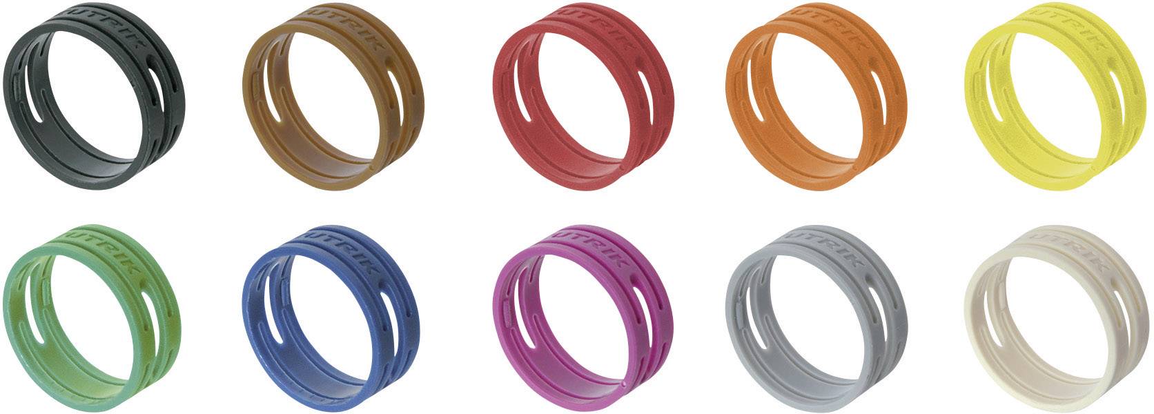 Ten colourful plastic rings in various colours, arranged in two rows. Each colour has a unique shade.