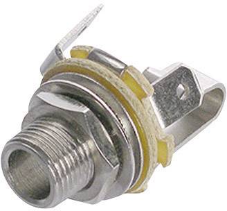A coaxial cable F-connector, comprising a metal housing with threads and a mounting plate.