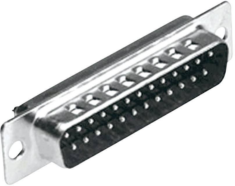 A DB-25 plug with 25 metal pins in two rows, used for parallel or serial interfaces in computer networks.