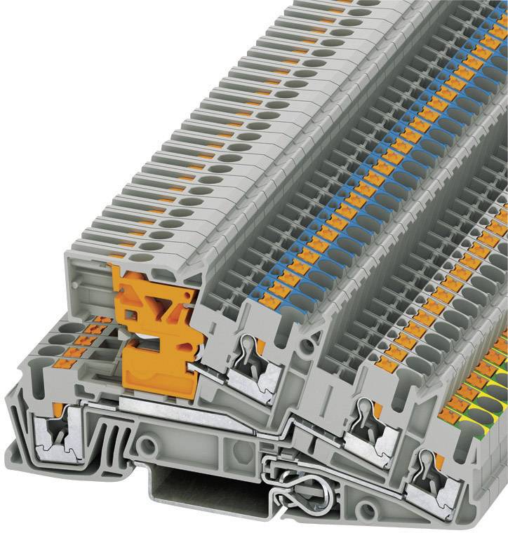Grey, stacked terminal blocks with orange levers and blue and yellow connections, showing electrical wiring arrangement.