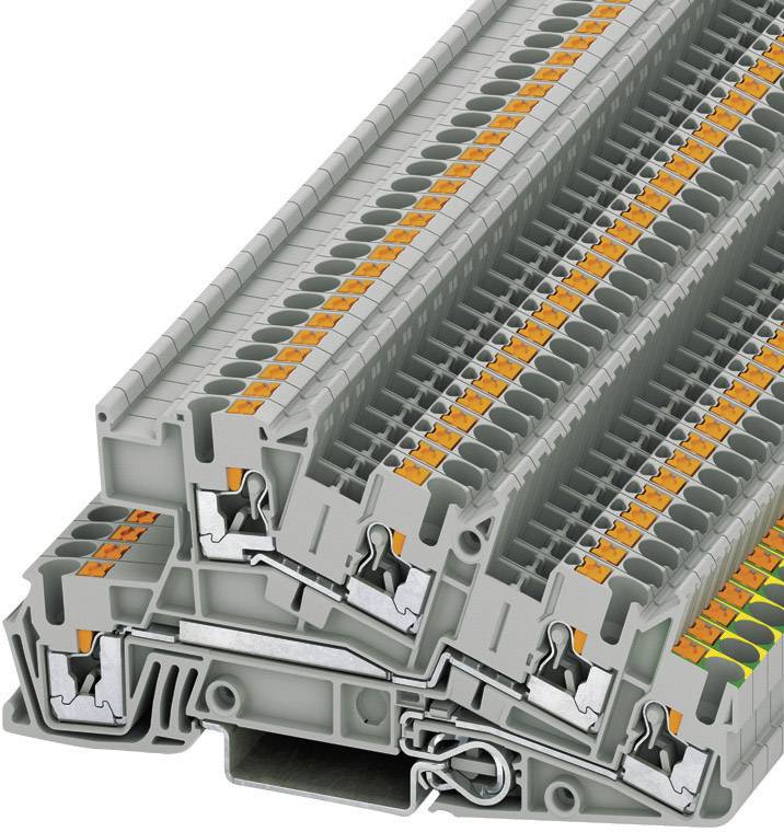 Grey terminal blocks in cross-section with orange actuation levers and conductive metal components, suitable for electrical wiring.