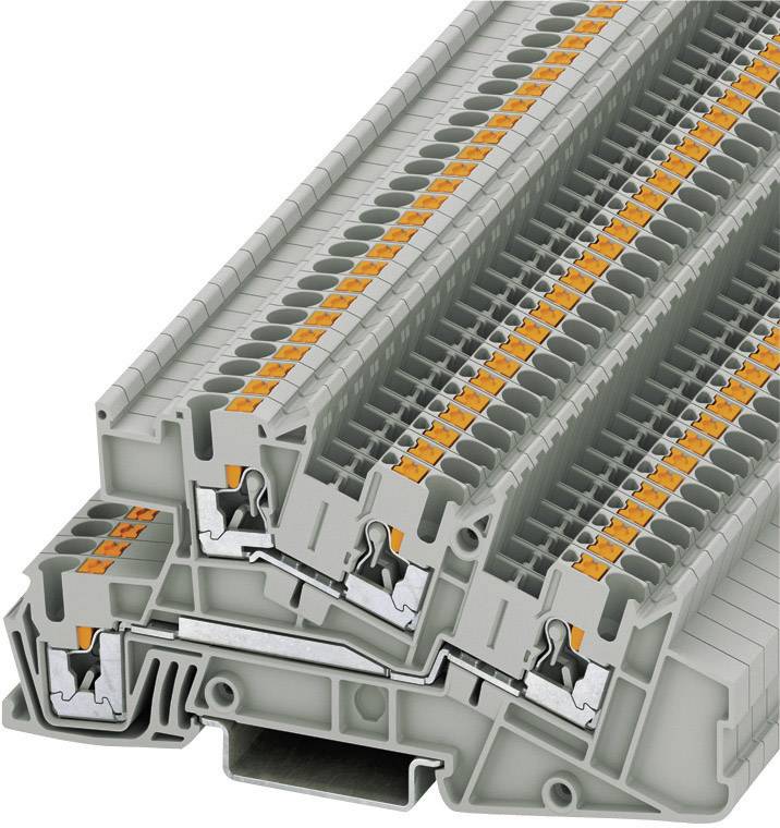 Terminal block consisting of several grey, stacked modules with orange markings and metallic contacts.