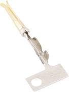 Metallic contact pin with a rectangular base and hole, with two beige cables connected. Used in electronic applications.