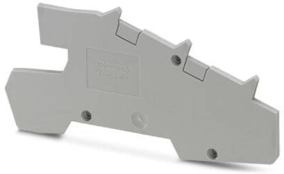 A grey, rectangular plastic component with multiple insertion points and a slightly serrated top edge.