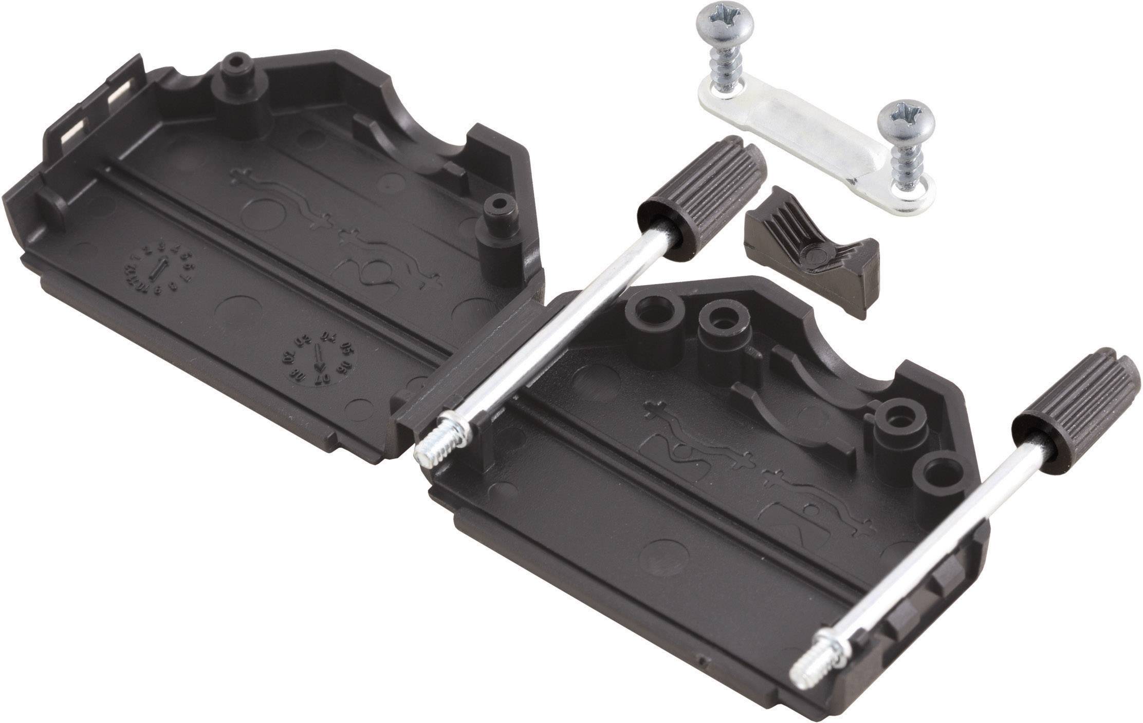 Plastic construction kit with a black base, screws, mounting brackets and rods, likely for fastening or assembling components.