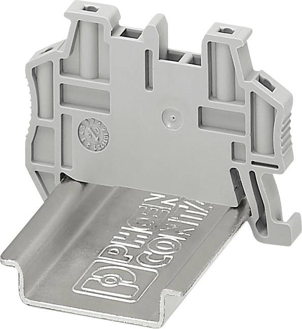 Grey electrical terminal block end bracket on metal mounting rail.