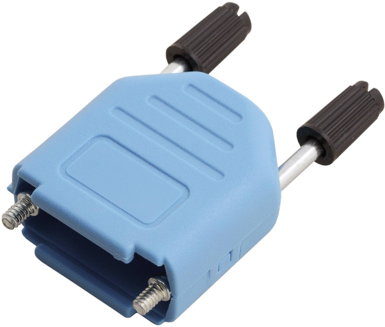 Blue plastic component holder with two protruding metal pins and black knurled screws, for securing electronic components.
