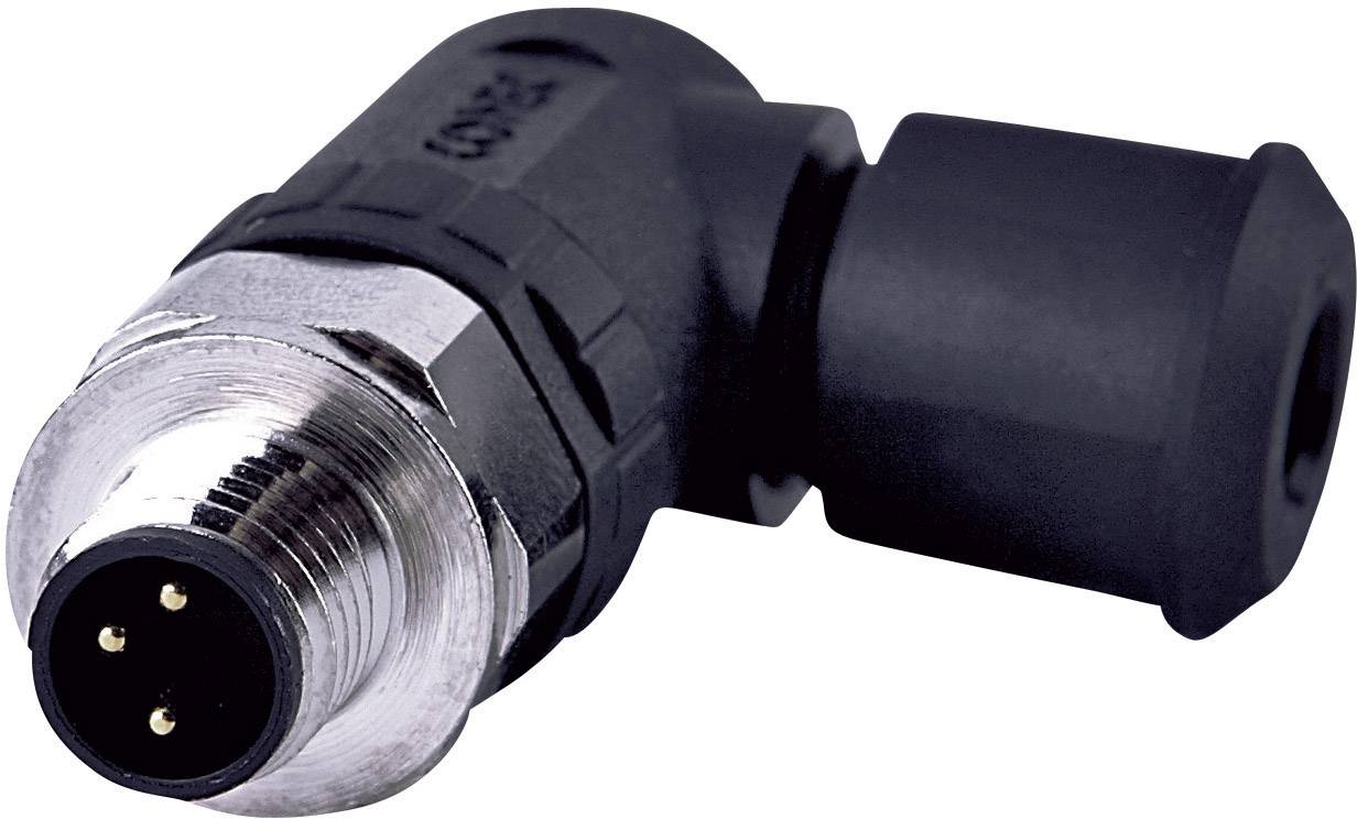 A bent black plastic and metal connector with three visible poles, suitable for industrial connections.