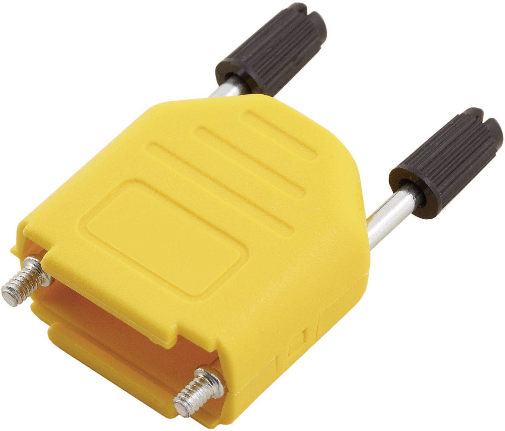 Yellow electrical connector with two black screw terminals on top for securing cables.