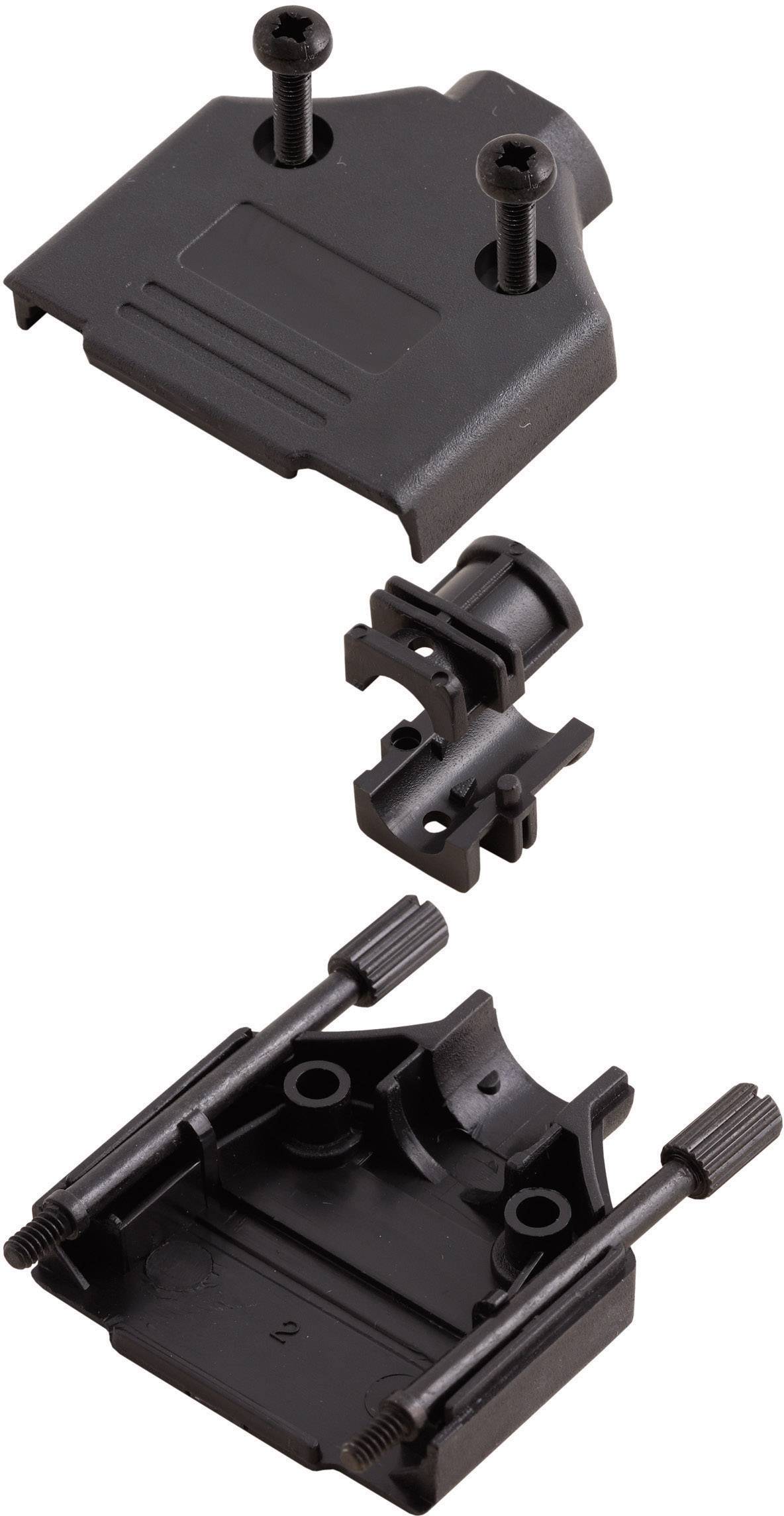 Disassembled plastic component with three segments and screws, showing how the parts fit together.