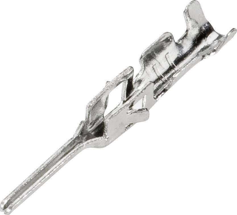 A metallic connector contact in silver, shaped for clipping into a terminal or socket.