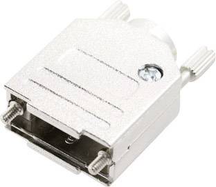 Metallic D-sub housing with screws on each side, suitable for protecting and connecting cables with plugs.