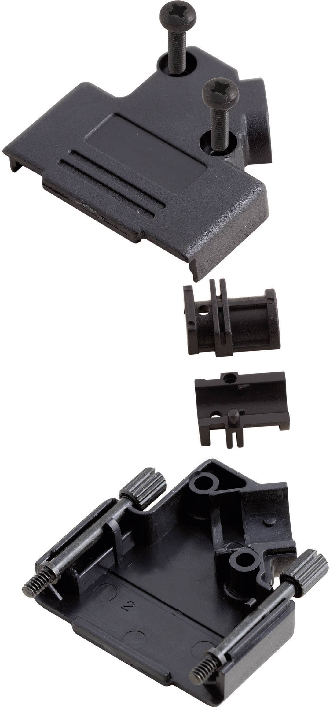 Disassembled housing: Top cover secured with two screws, beneath two cylindrical components, and base section with mounting brackets.