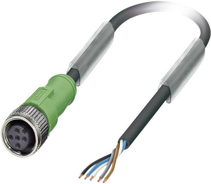 A green, five-pole plug cable with exposed coloured wires at the end, suitable for industrial connections.