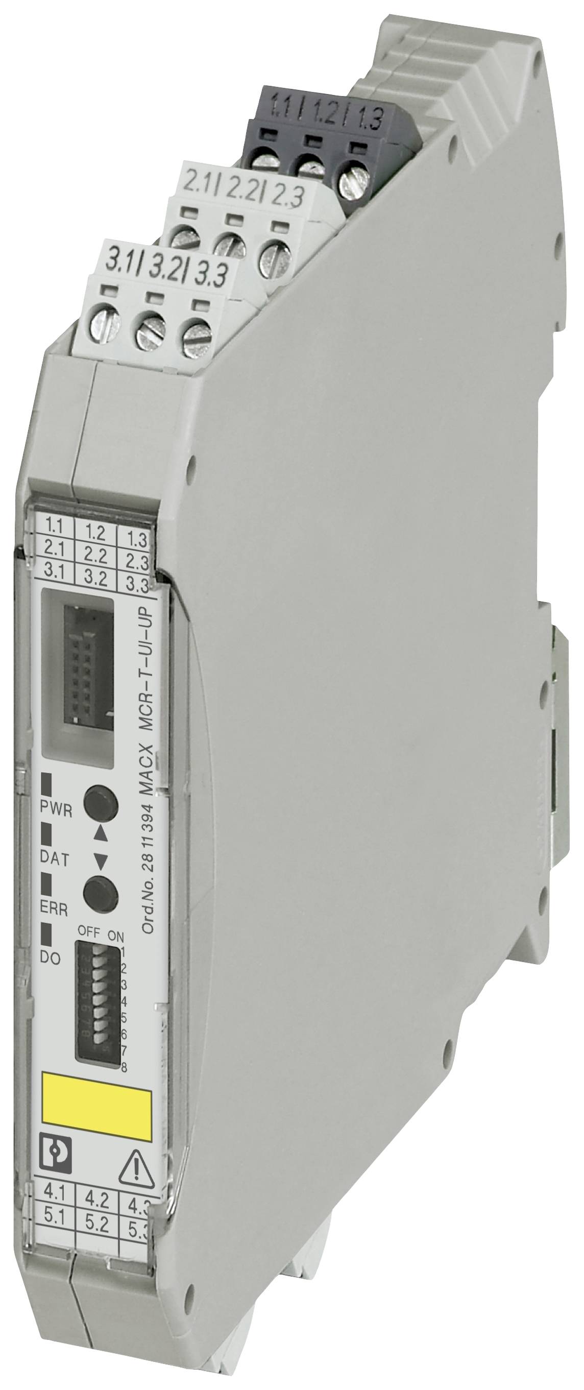 A grey electronic module with multiple connections and LED indicators, suitable for DIN rail mounting.
