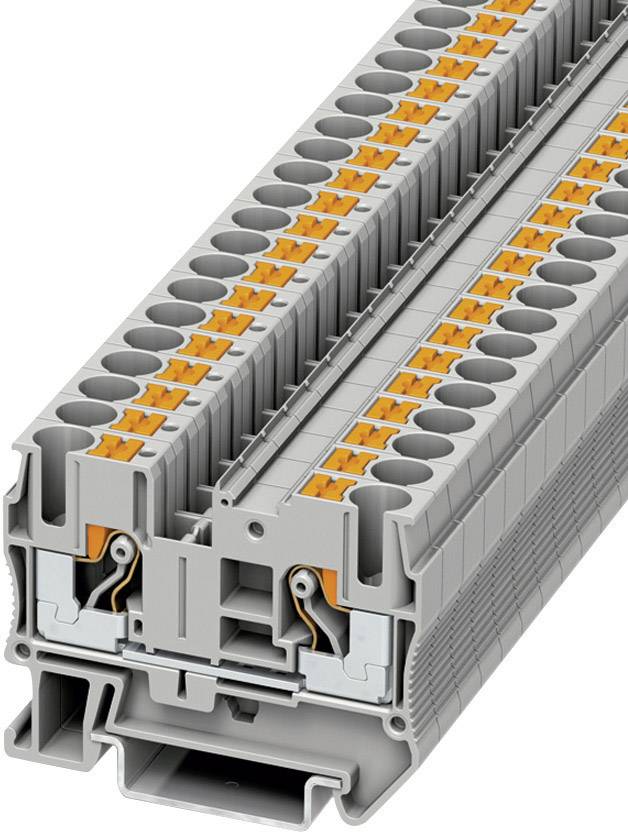 Through-terminal block in close-up with multiple connection points and orange levers for cable fastening.