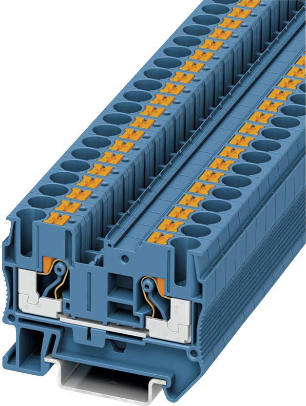 Electrical connector block in blue with orange actuation levers. Rectangular design with multiple connection rows.