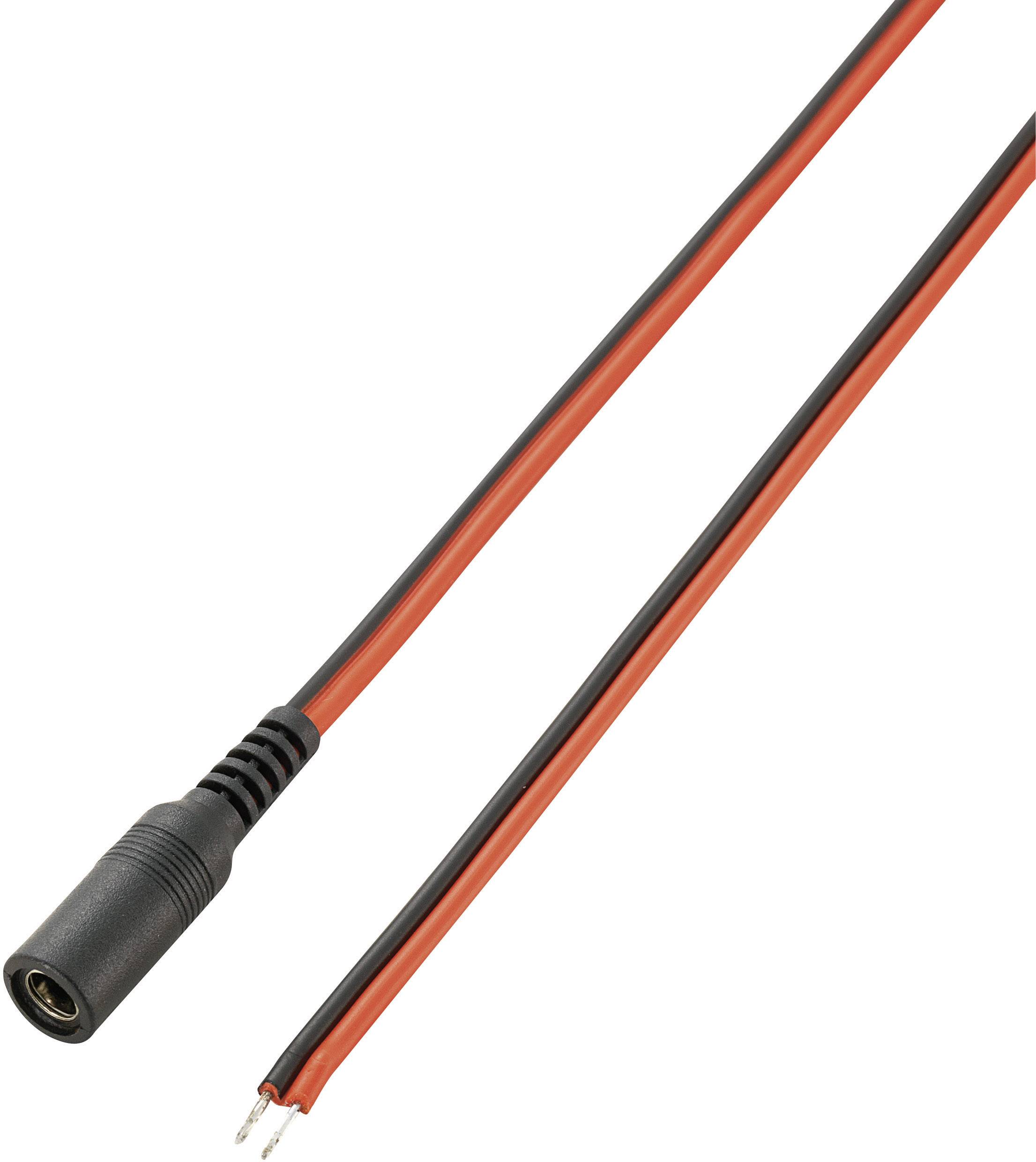Two-tone cables, red and black, with a connector at one end and bare wires at the other, suitable for electronic connections.