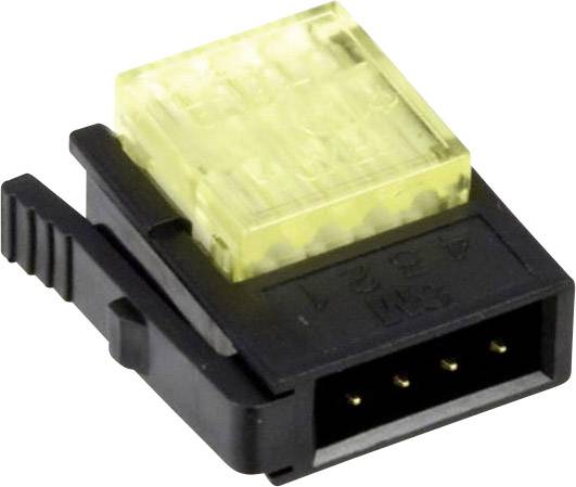 A black 4-pin Molex connector with a yellow safety insert, side view.