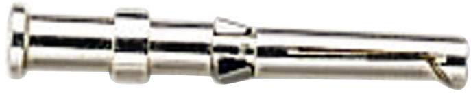 Metallic banana plug in close-up, positioned on its side. Used for electrical connections, typically in audio applications.