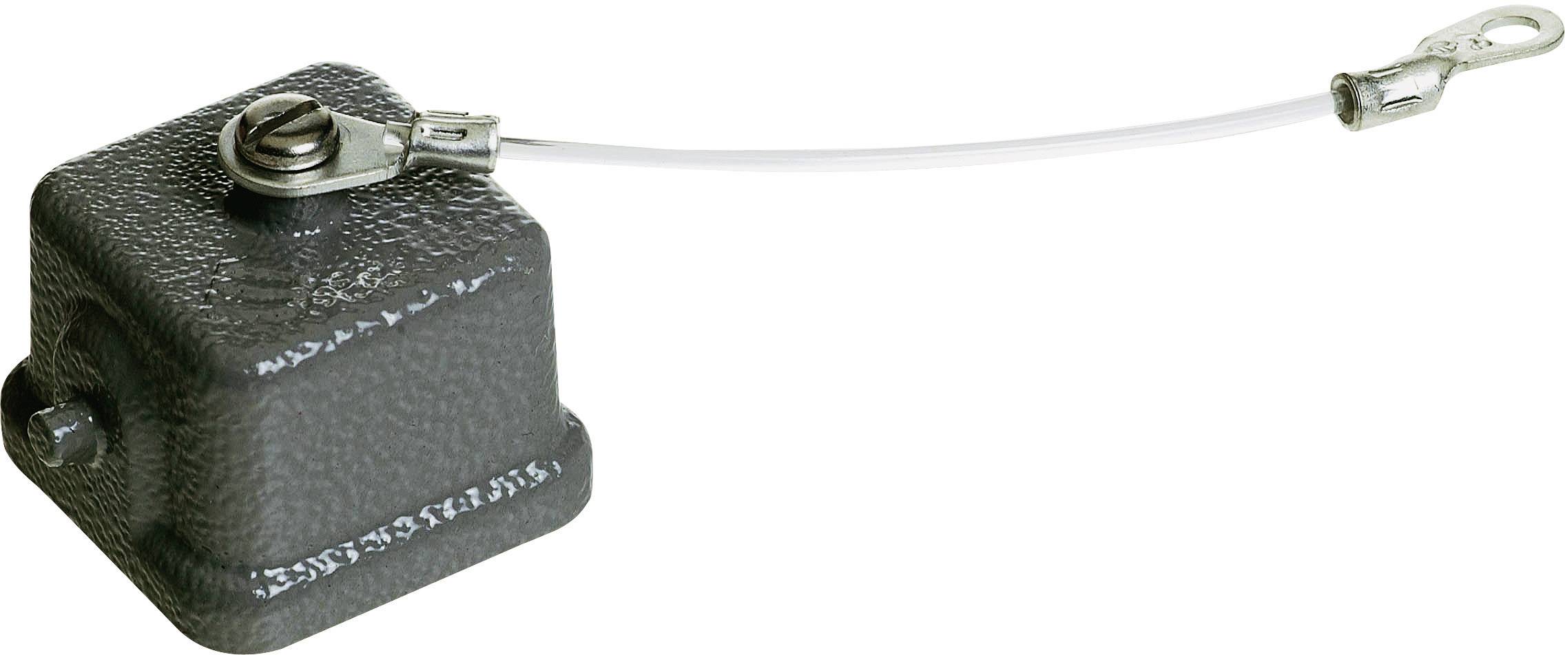 A square, black electrical component with a connecting cable that terminates in a metal ring.