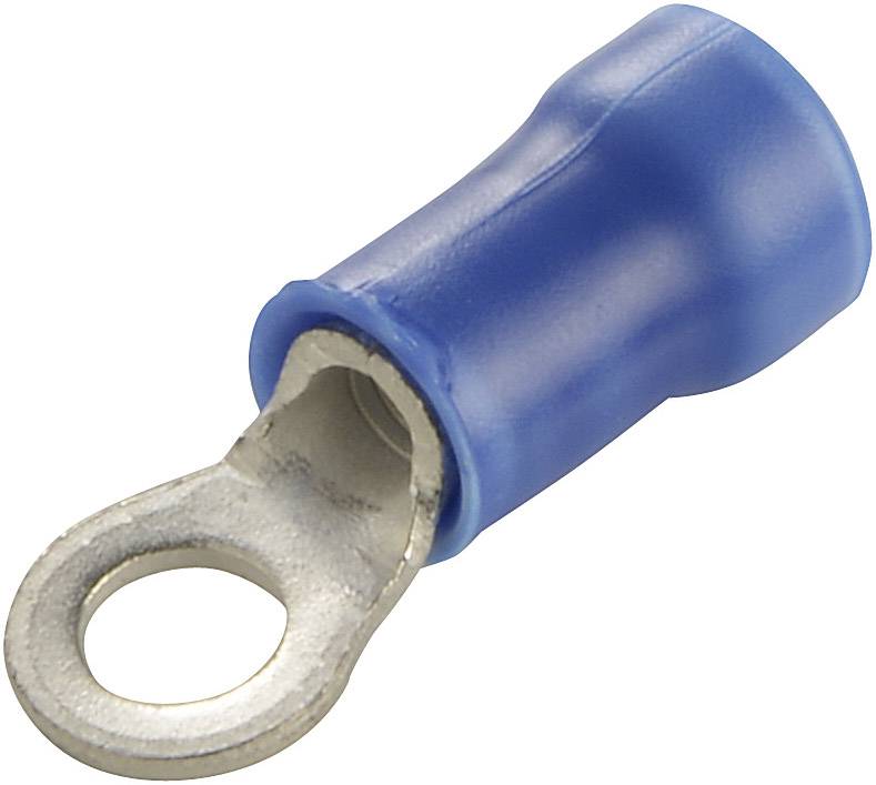 A blue-insulated cable lug with a metallic ring for connecting electrical conductors.