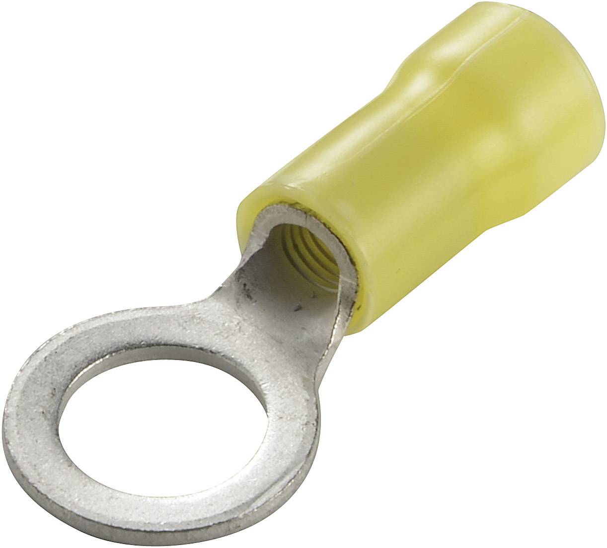A yellow cable lug made of metal and plastic, primarily used for electrical connections, lies on a white background.