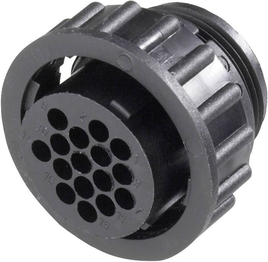 Black plastic component, cylindrical in shape with multiple round openings on the front face, likely an electrical connector or socket.