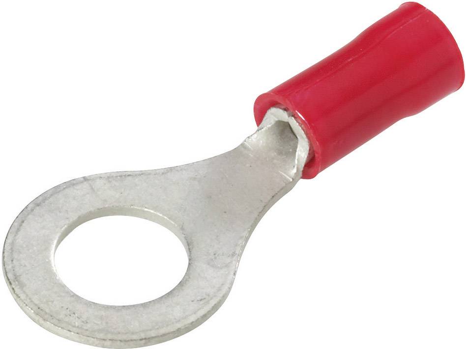 A red cable ring terminal used in electrical connections. It has a metal ring for screw fastening.