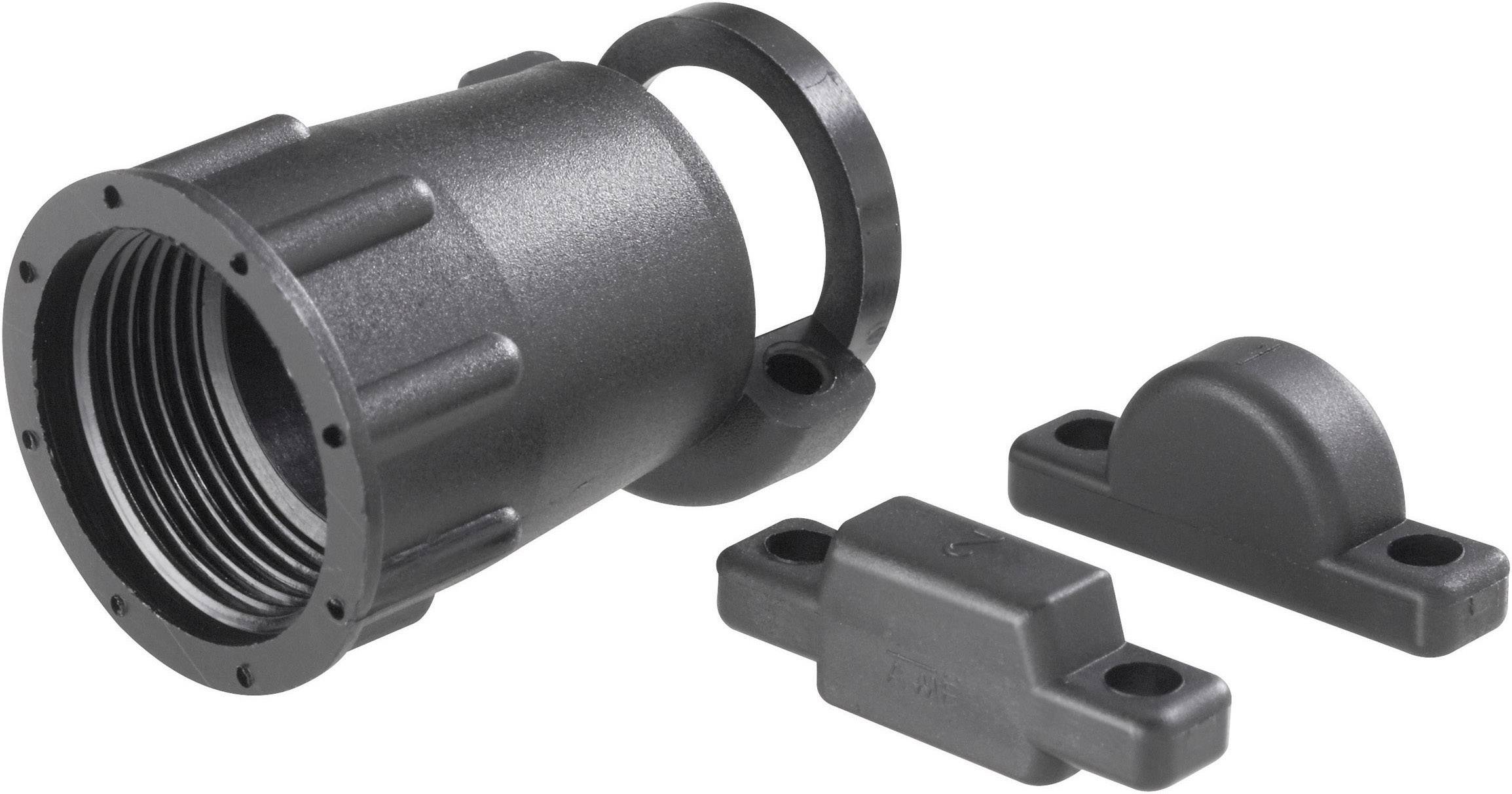 Black plastic component with screw thread and two mounting clips. Used for assembly and connection of electrical components.