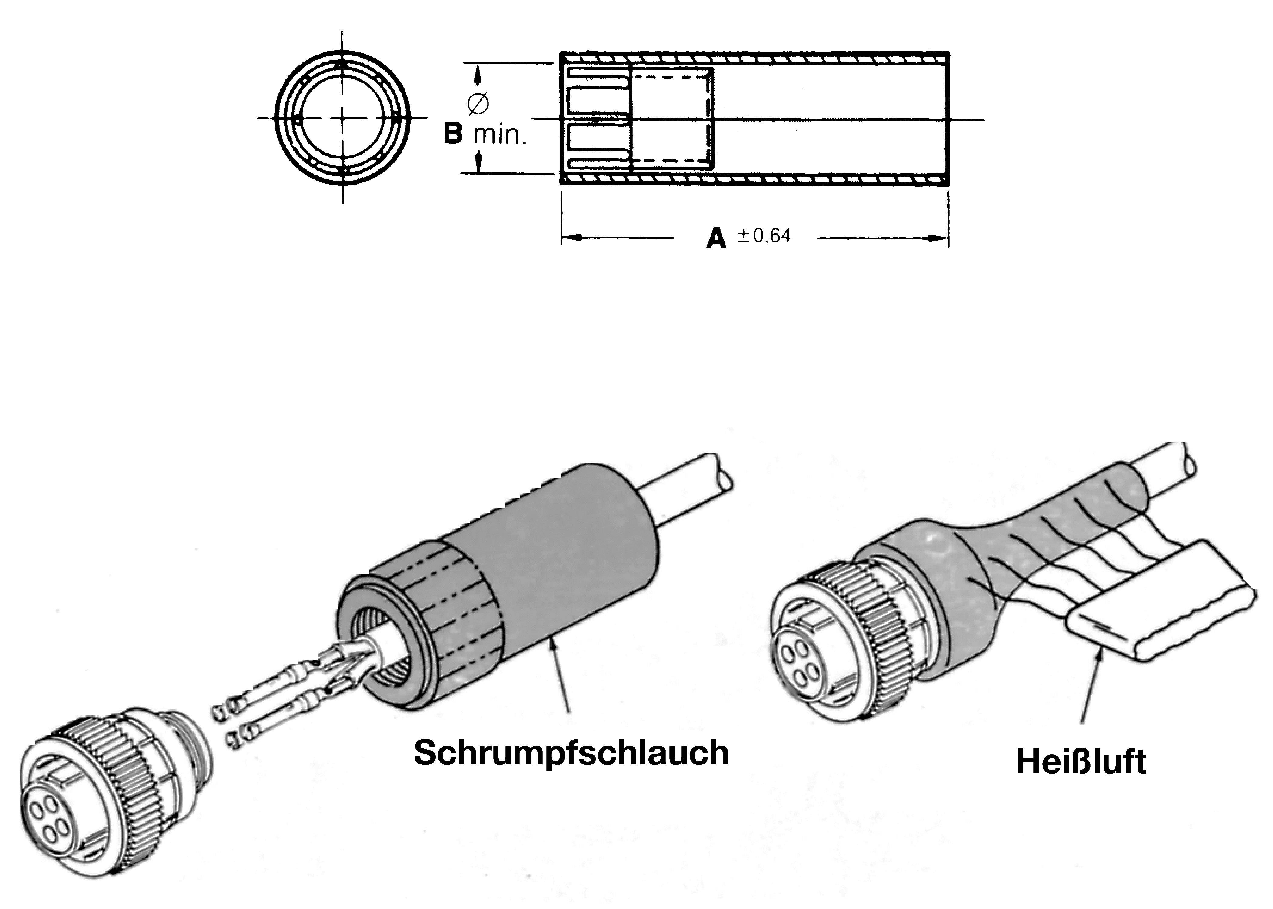 Drawing shows two methods for sealing a cable: Heat-shrink tubing is heated and moulds around the cable, alternatively dried with hot air.