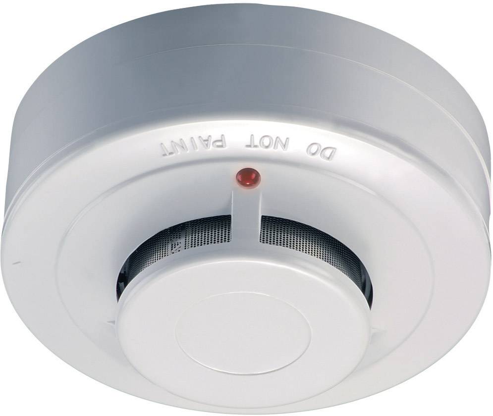 Round, white smoke detector with a central red indicator light and the inscription 'DO NOT PAINT'.