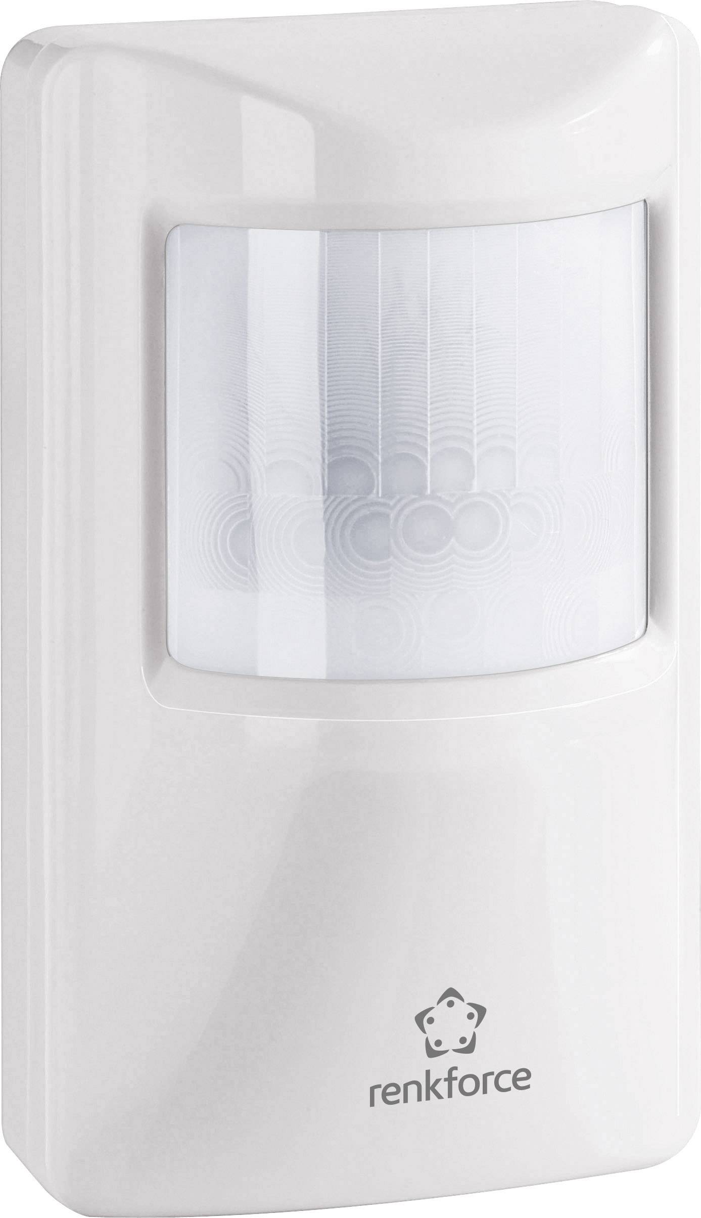 A rectangular, white motion sensor with a grey infrared sensor and the 'renkforce' logo at the bottom.