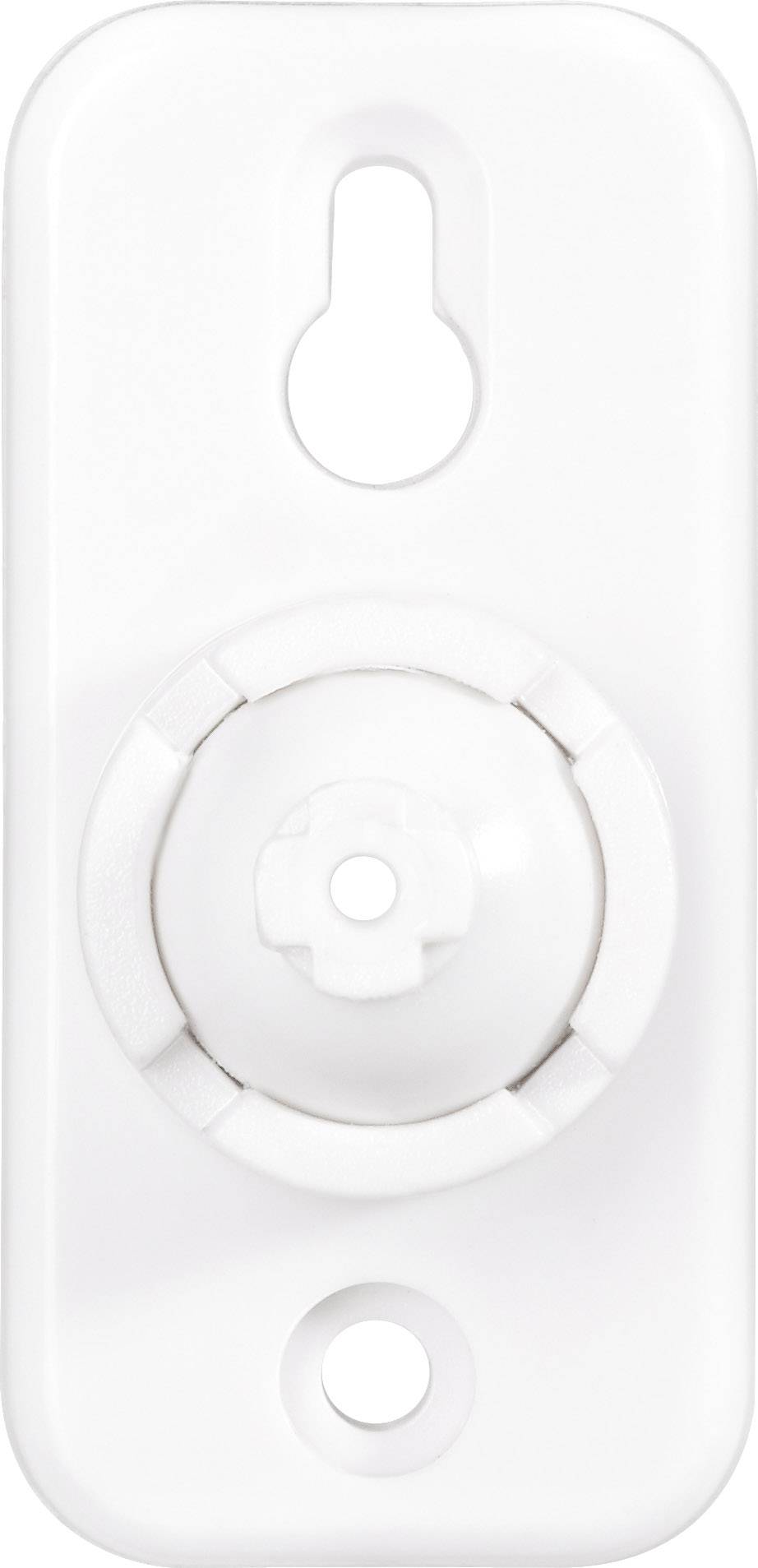 White plastic wall mount with central rotary mechanism. Upper and lower sections have holes for screw fastening.