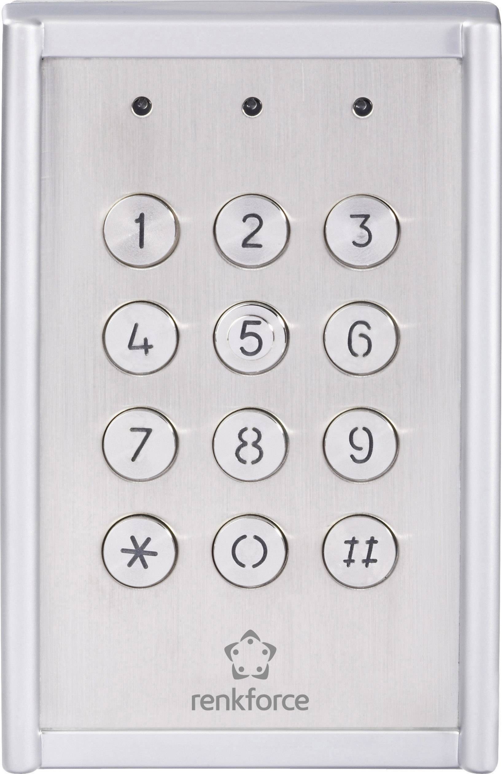 A silver, rectangular keypad with numbers 1 to 9, 0, an asterisk (*) and a hash symbol (#). Three small lights at the top.