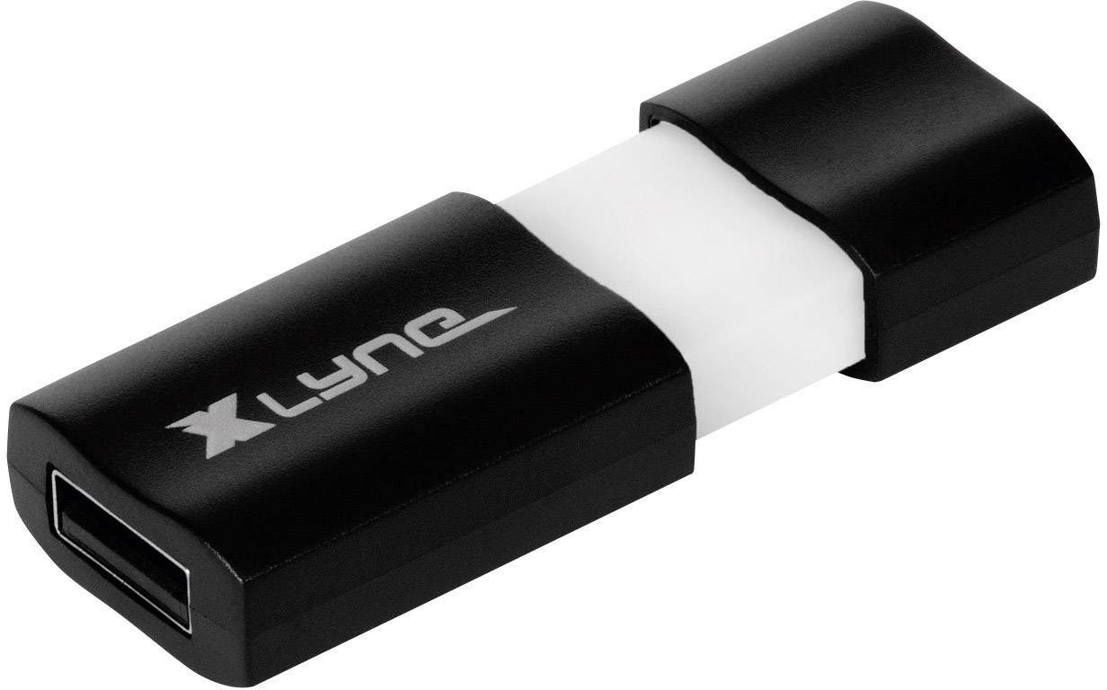 A black USB stick with a removable cap and the 'Xlyne' logo printed on the surface.