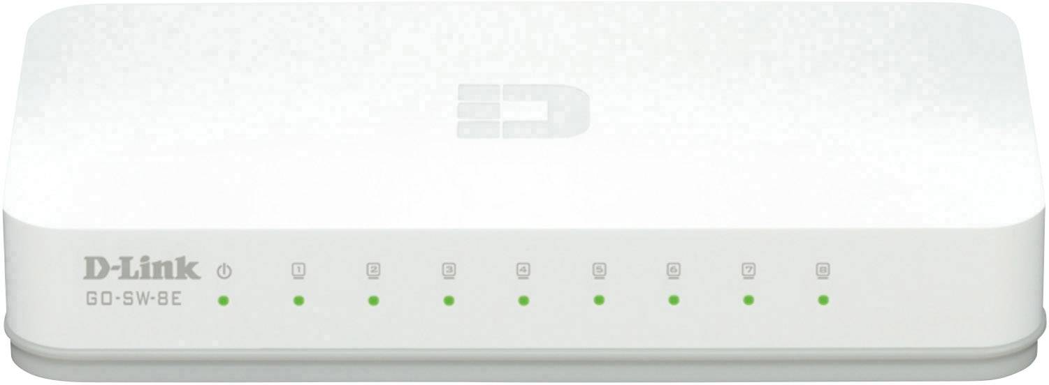 A white network switch by D-Link with multiple green LED indicators on the front, model GO-SW-8E.