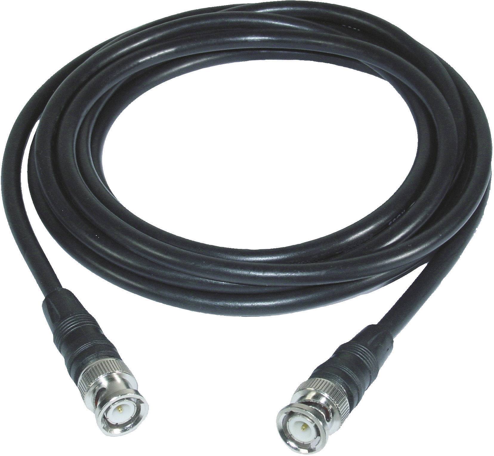 A black coaxial cable with two silver BNC connectors at each end, lying on a surface.