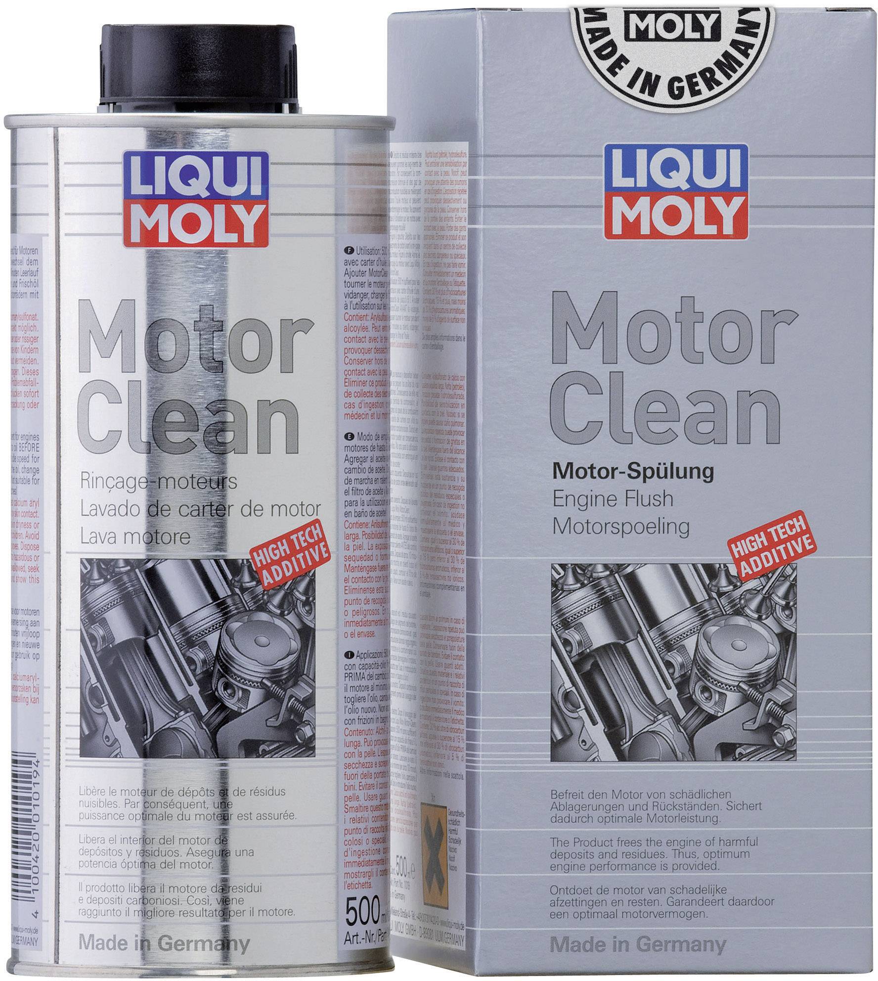 Two cans of Liqui Moly Motor Clean with printed text 'Made in Germany'. Motor care product for engine cleaning.