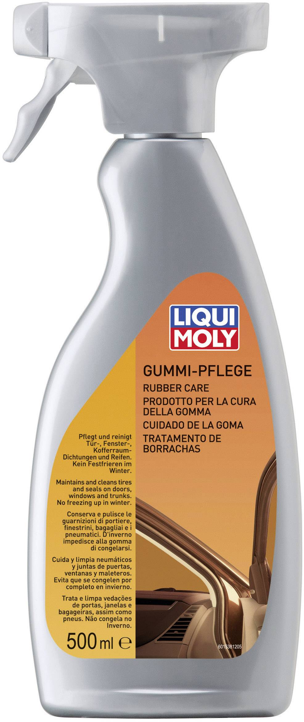 Spray bottle with the label 'Liqui Moly Rubber Care'. Contains 500 ml. Application: Care and protection of rubber seals on motor vehicles.