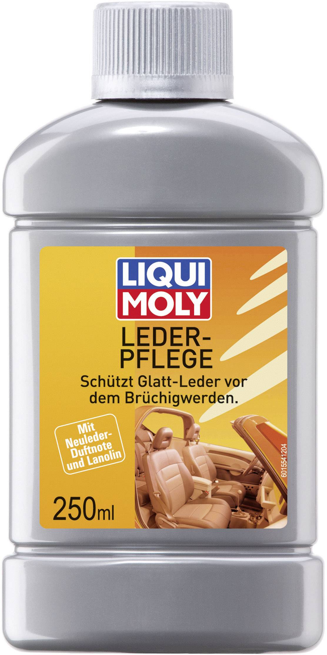 Bottle with label 'LIQUI MOLY LEATHER CARE'. Protects smooth leather from cracking. 250 ml contents. Image shows car interior with leather seats.