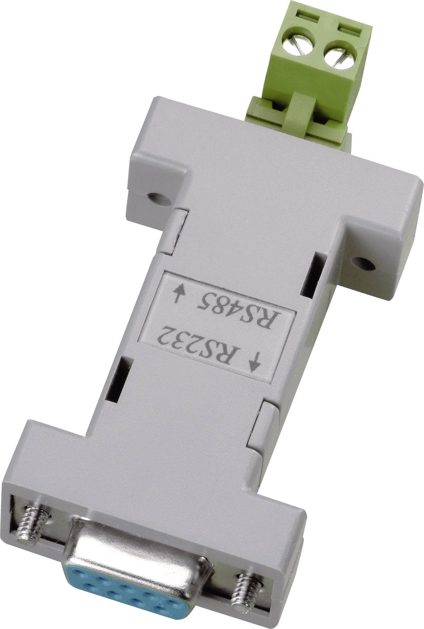 Adapter for converting RS485 to RS232 signal, grey housing with green connection terminal, DB9 plug visible below.