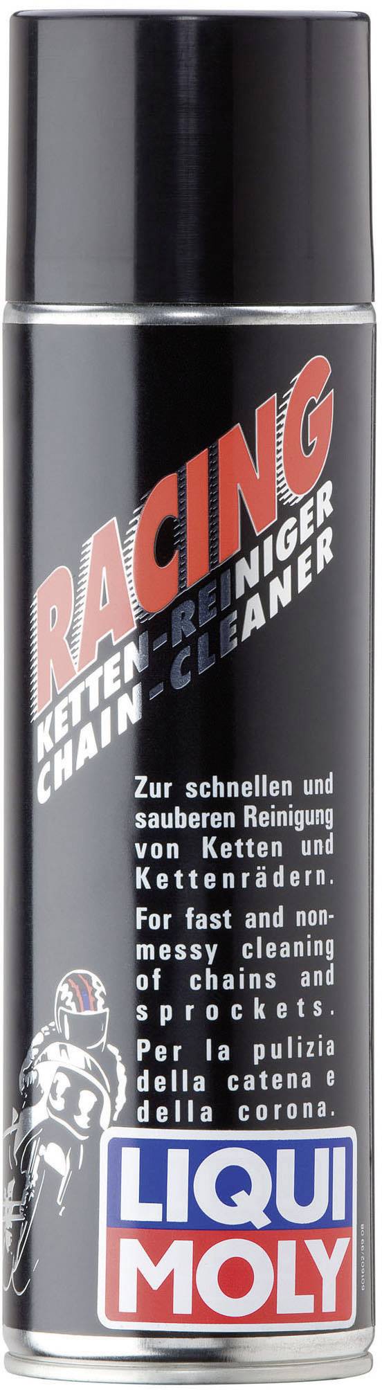 Spray can with the inscription 'Racing Chain Cleaner' by Liqui Moly, for rapid cleaning of chains and sprockets.