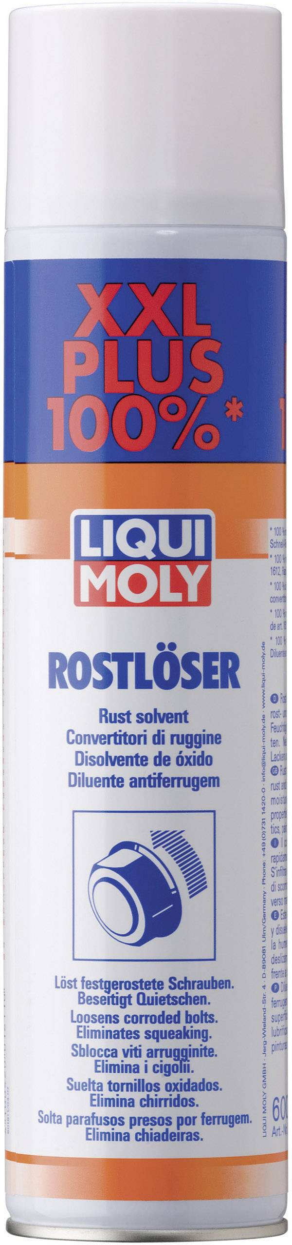 Liqui Moly spray can with 'Rust Remover' label. XXL size, 100% more content and used for rust removal and lubrication.