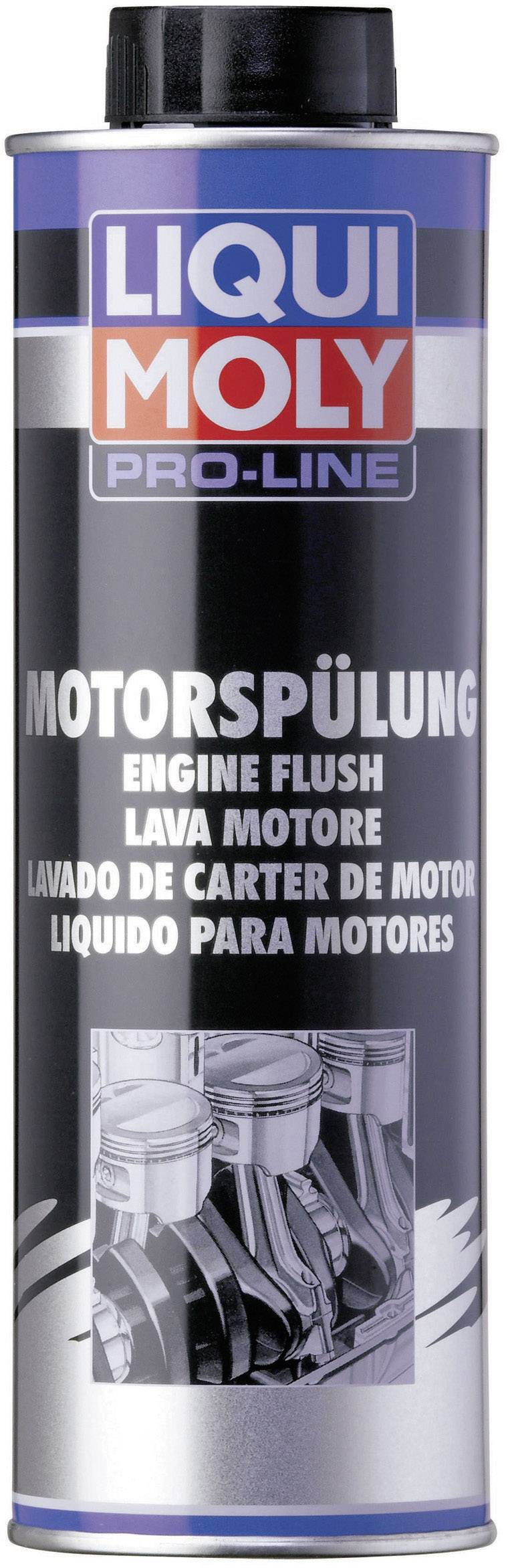A tin with the label 'LIQUI MOLY PRO-LINE Engine Flush'. Text in various languages. Image of a piston at the bottom of the tin.