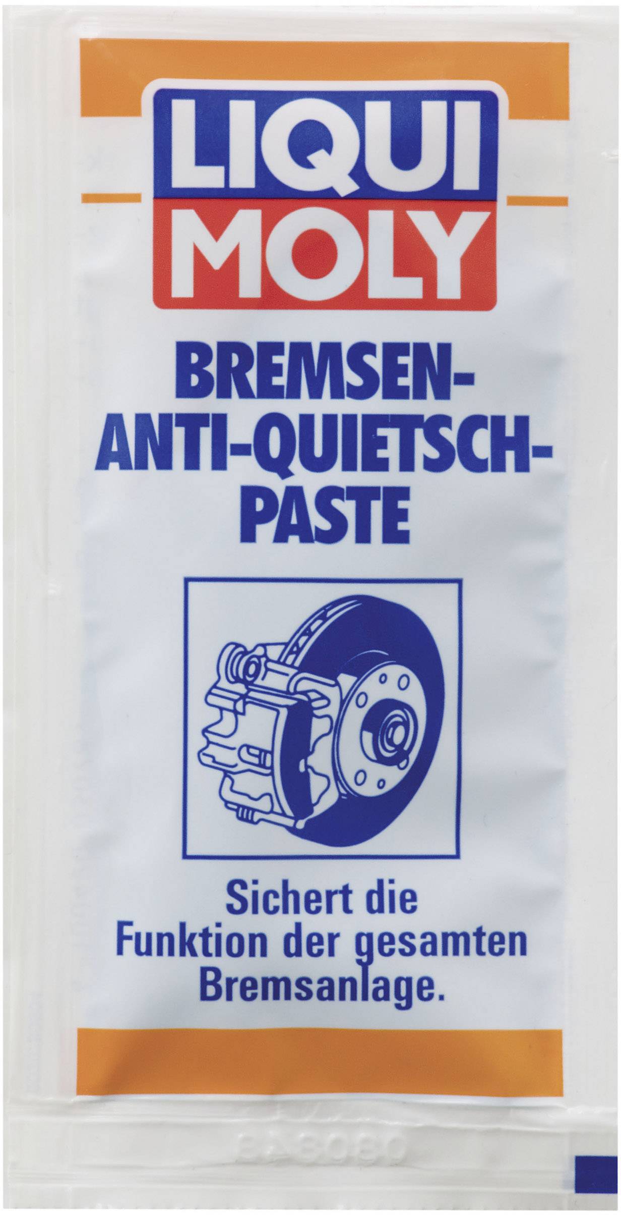 Packaging text for a Liqui Moly brake anti-squeal paste. Translation:'Ensures the functionality of the entire braking system' above a brake symbol.